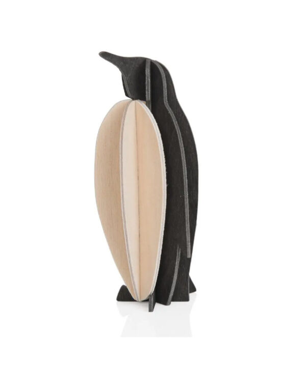 Puzzle 3D pingouin en bois par Lovi. Une carte à assembler pour créer la figurine.