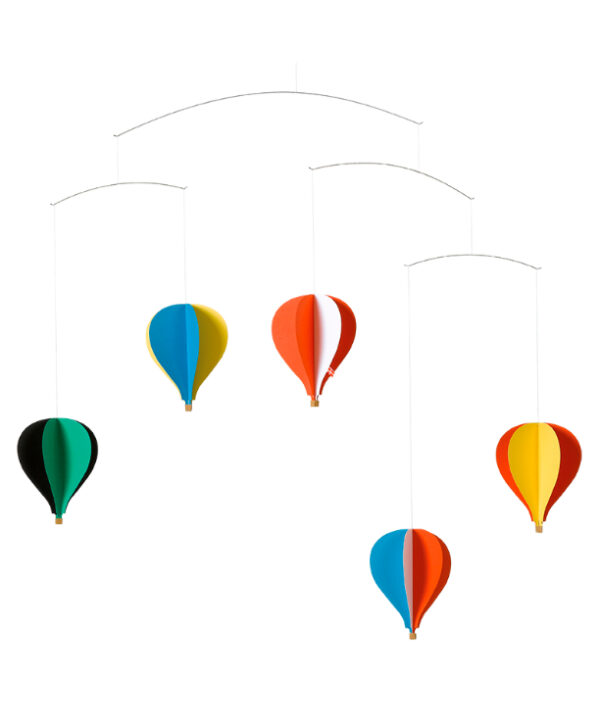 Mobile Montgolfières composé de 5 ballons multicolores en carton par Flensted Mobiles.