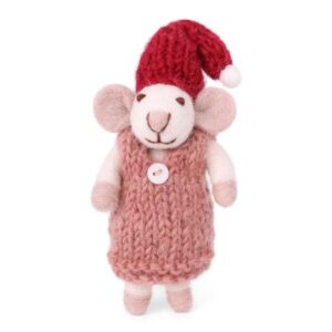 figurine souris blanche robe rose en laine feutrée pour décorer le sapin ou la maison à Noël par Gry and Sif.
