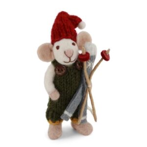 Figurine décoration de Noël à suspendre dans le sapin ou à poser. Petite souris en laine avec skis par Gry and Sif