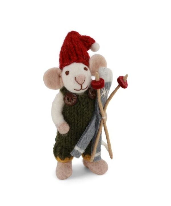 Figurine décoration de Noël à suspendre dans le sapin ou à poser. Petite souris en laine avec skis par Gry and Sif