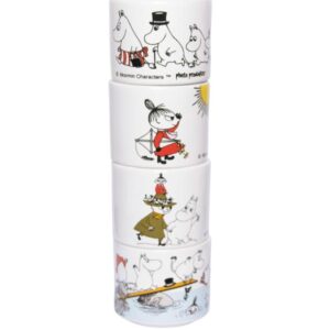 Coquetier en céramique illustré des personnages de la vallée des Moomins crées par l'auteure finlandaise Tove Jansson. Vendu par set de 4 pièces et édités par Pluto Produkter.
