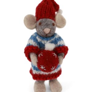 Souris à la boule de Noël, figurine de Noël en laine feutrée représentant une petite souris avec un ornement à accrocher dans le sapin de Noël ou à poser sur un meuble.
