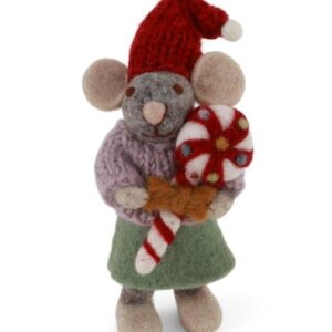Souris à la sucette, figurine de Noël en laine feutrée représentant une petite souris avec une sucette à accrocher dans le sapin de Noël ou à poser sur un meuble.