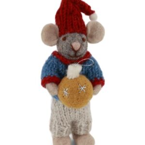 Souris à la boule de Noël, figurine de Noël en laine feutrée représentant une petite souris avec un ornement à accrocher dans le sapin de Noël ou à poser sur un meuble.
