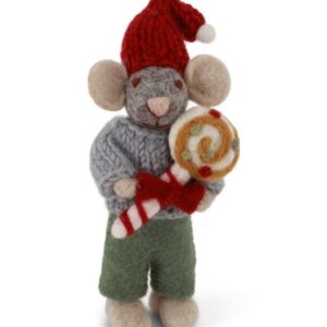 Souris à la sucette, figurine de Noël en laine feutrée représentant une petite souris avec une sucette à accrocher dans le sapin de Noël ou à poser sur un meuble.