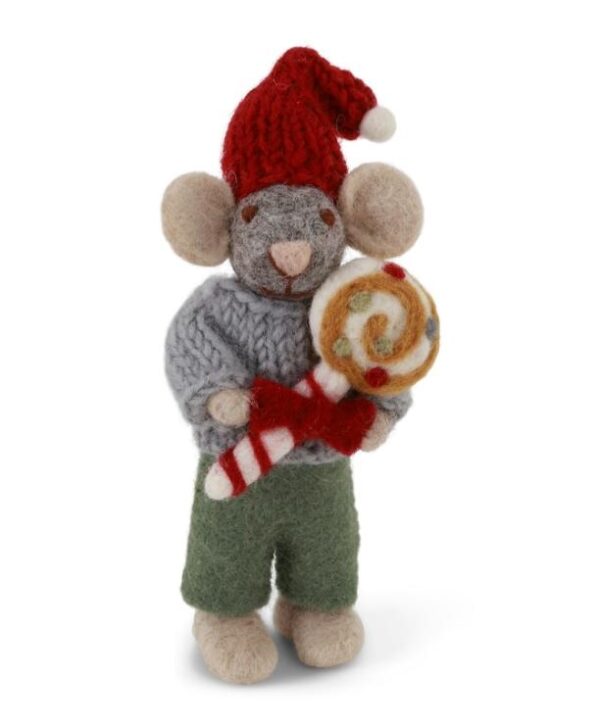 Souris à la sucette, figurine de Noël en laine feutrée représentant une petite souris avec une sucette à accrocher dans le sapin de Noël ou à poser sur un meuble.